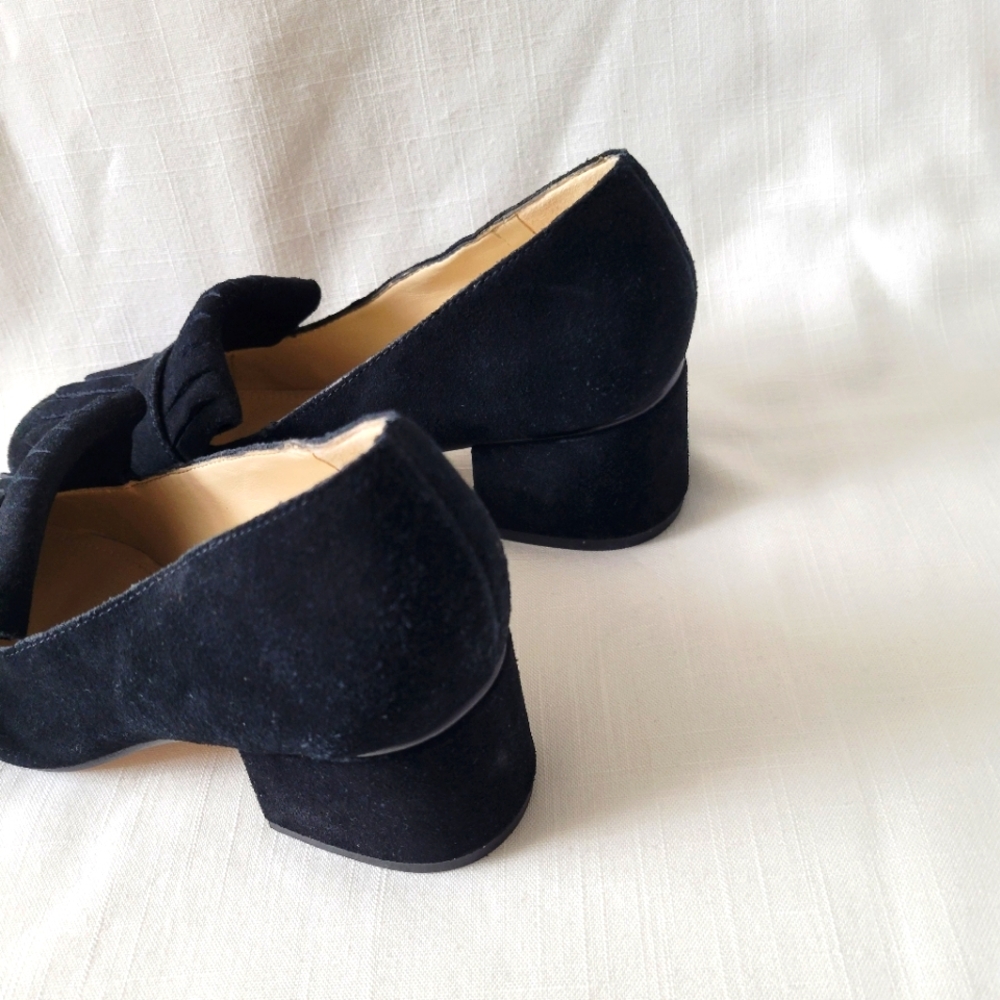 Mark Fisher Black Suede Block Heel & Fringe Loafer size 6 - Picture 9 of 15